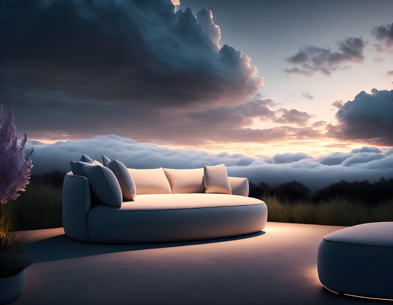 Modern sofa on platform in dreamy twilight landscape with grass and purple plant