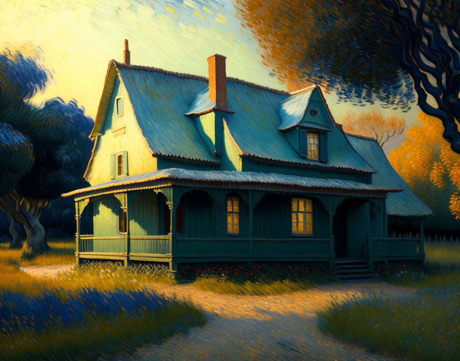 Stylized painting of quaint blue house in dreamlike landscape