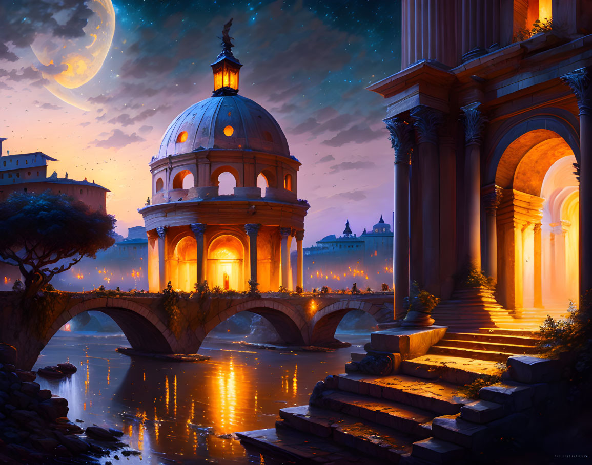 Classical city night scene with lit dome, stone bridge, starry sky, crescent moon