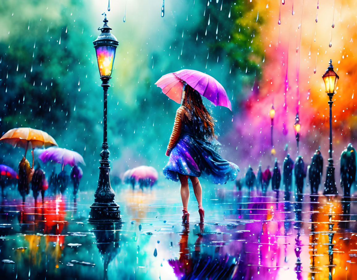 Purple umbrella person walking in colorful rainy scene