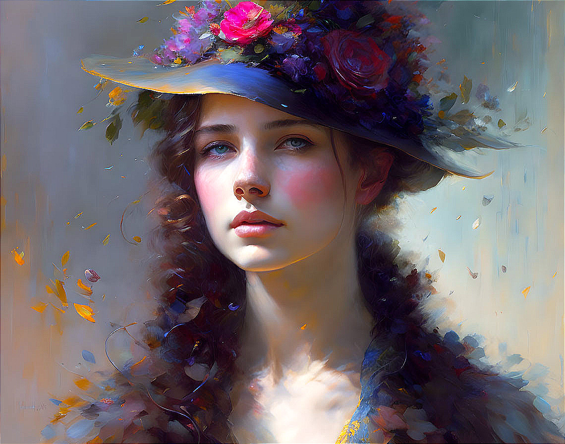 Young woman portrait with floral hat and falling leaves.