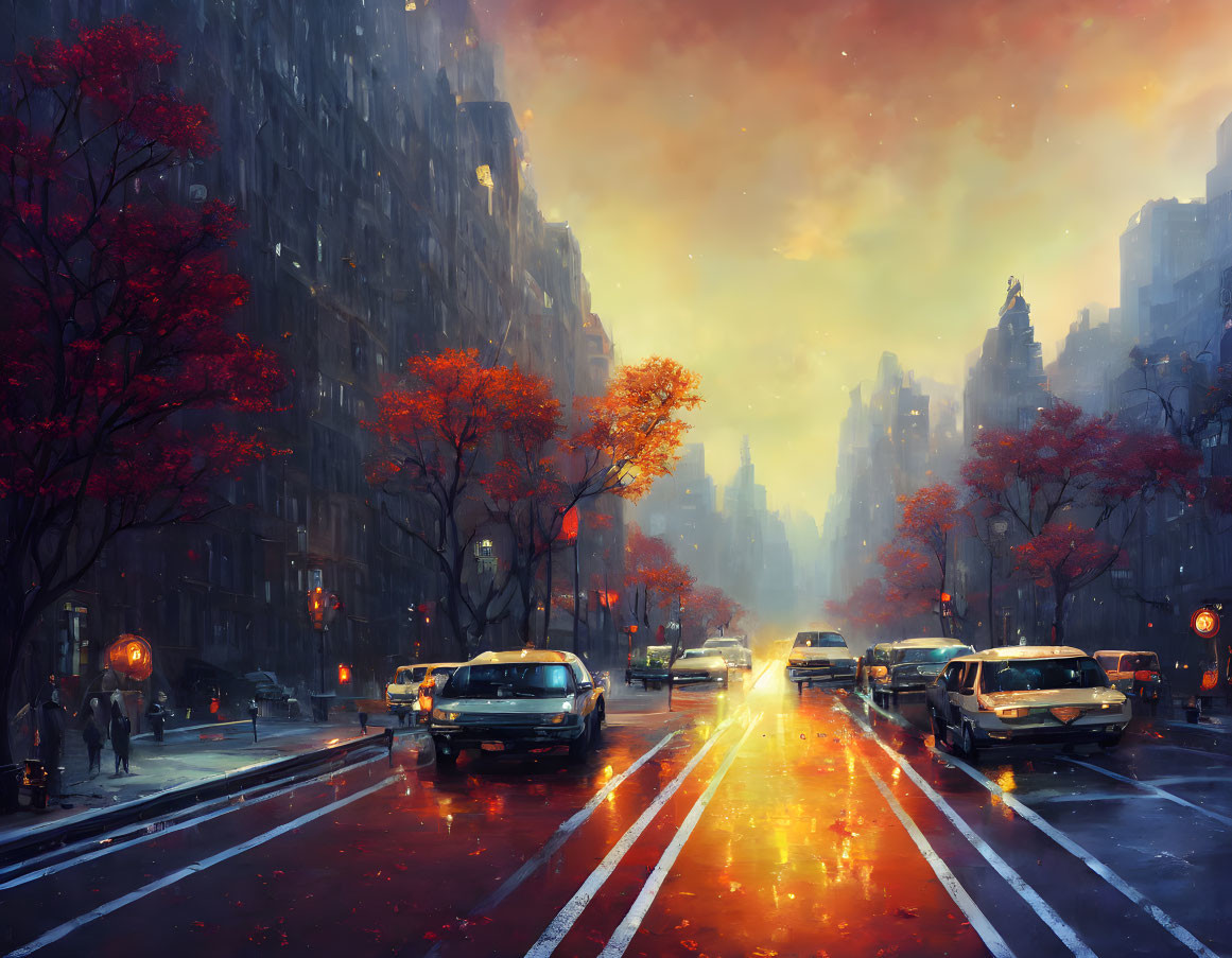 Sunset-lit cityscape: Red trees, rainy street, pedestrians with umbrellas