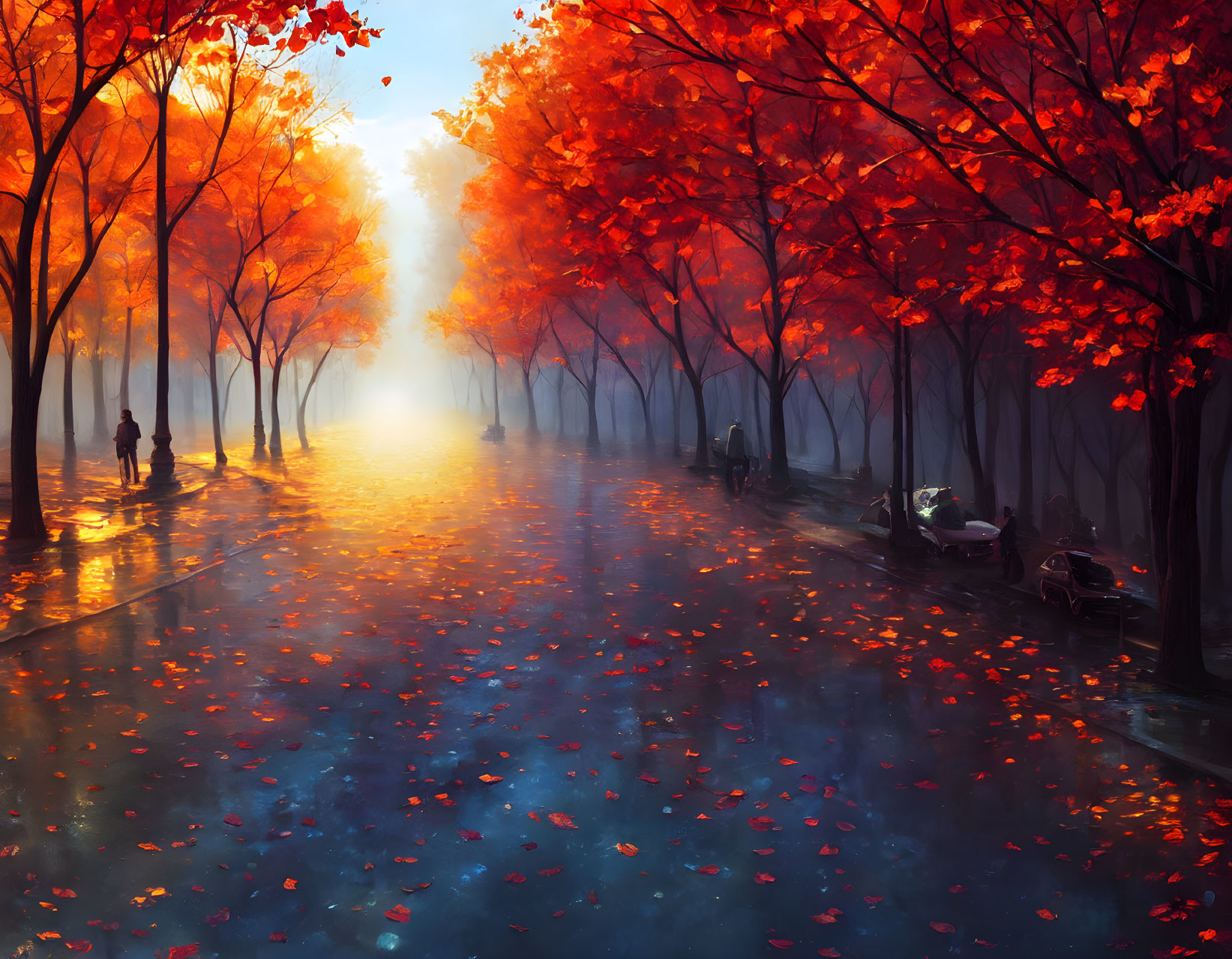 Tranquil Autumn Park with Red Leaves and Misty Atmosphere