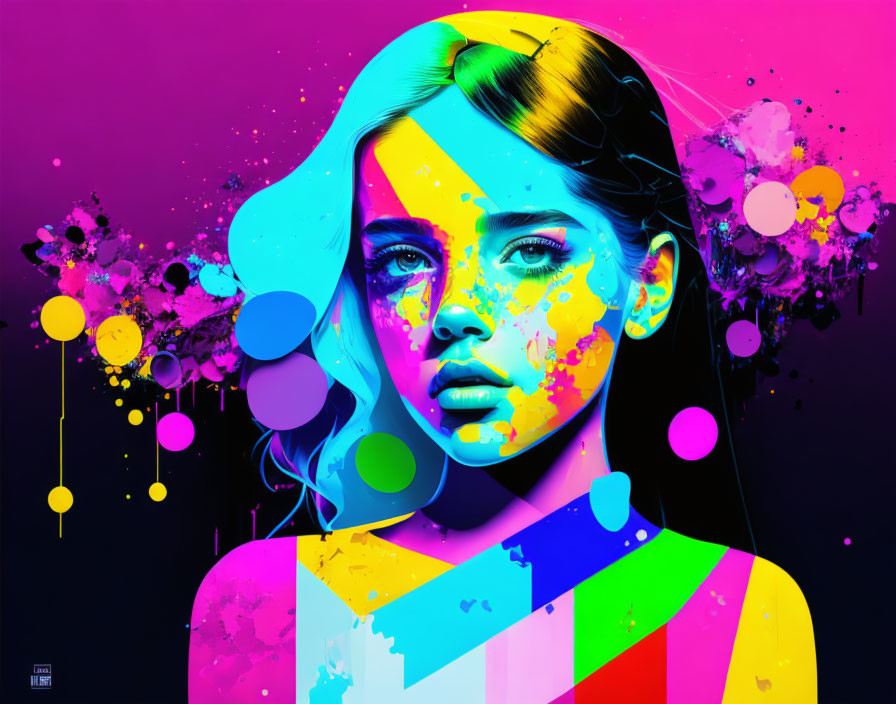 Colorful digital artwork: Woman with paint splashes on neon background