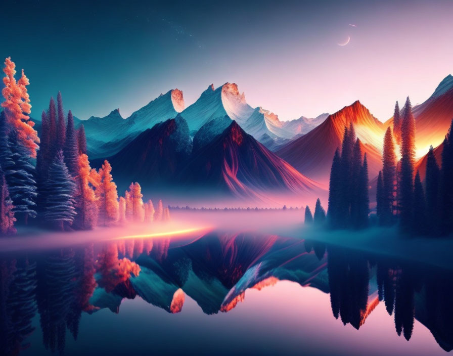 Surreal landscape: Tranquil lake, vibrant trees, majestic mountains