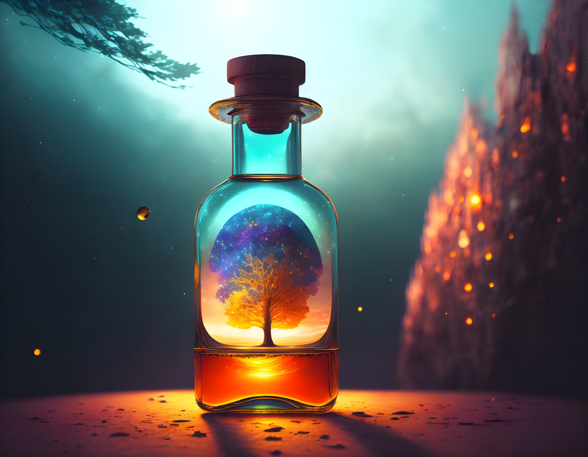 Fantastical image of transparent bottle with tree and sunset in surreal blue light