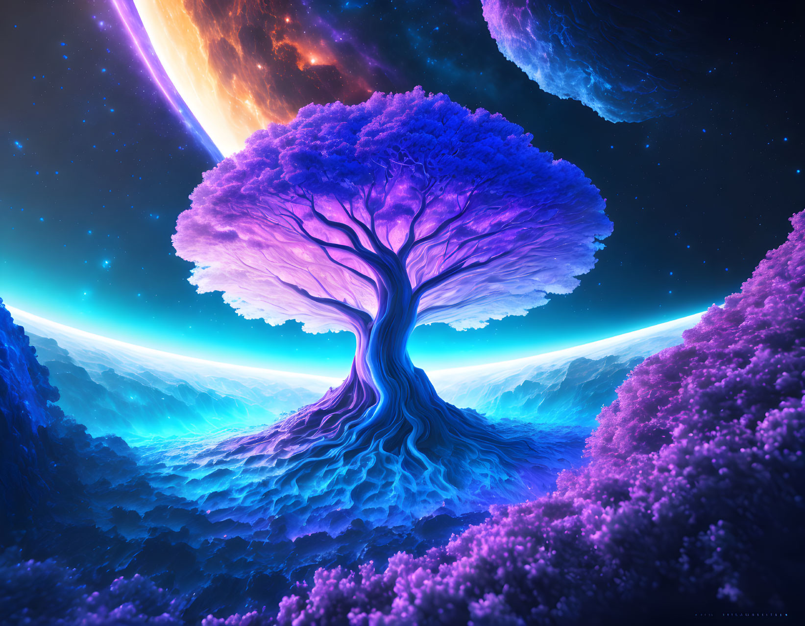 Majestic purple tree in vibrant celestial landscape