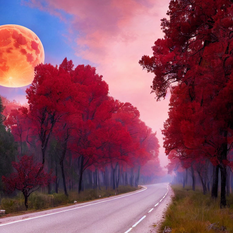 Scenic road with red trees, purple sky, and large moon