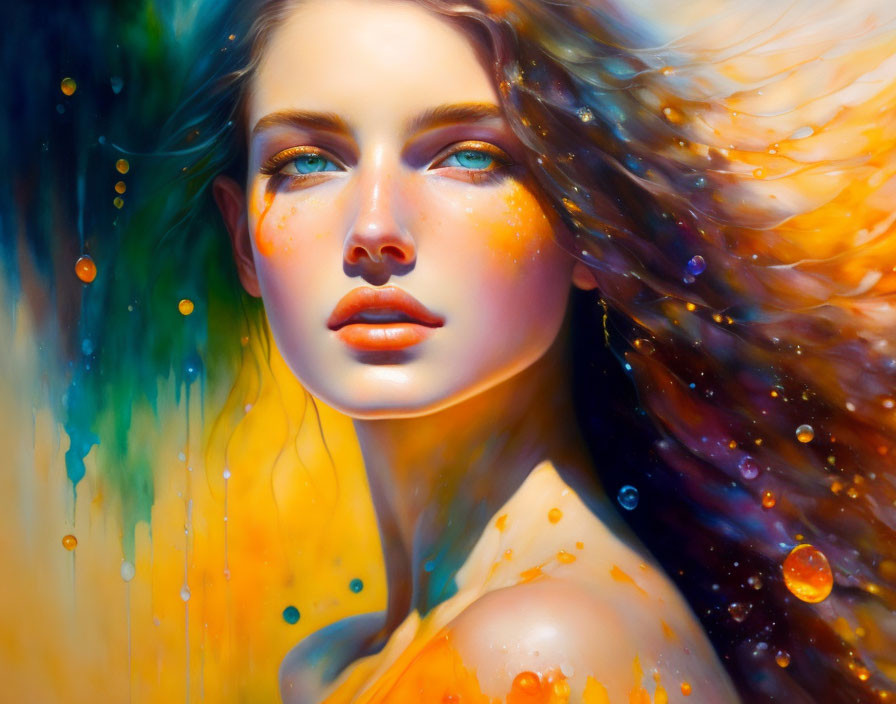 Colorful digital painting of a woman with flowing hair and striking blue eyes