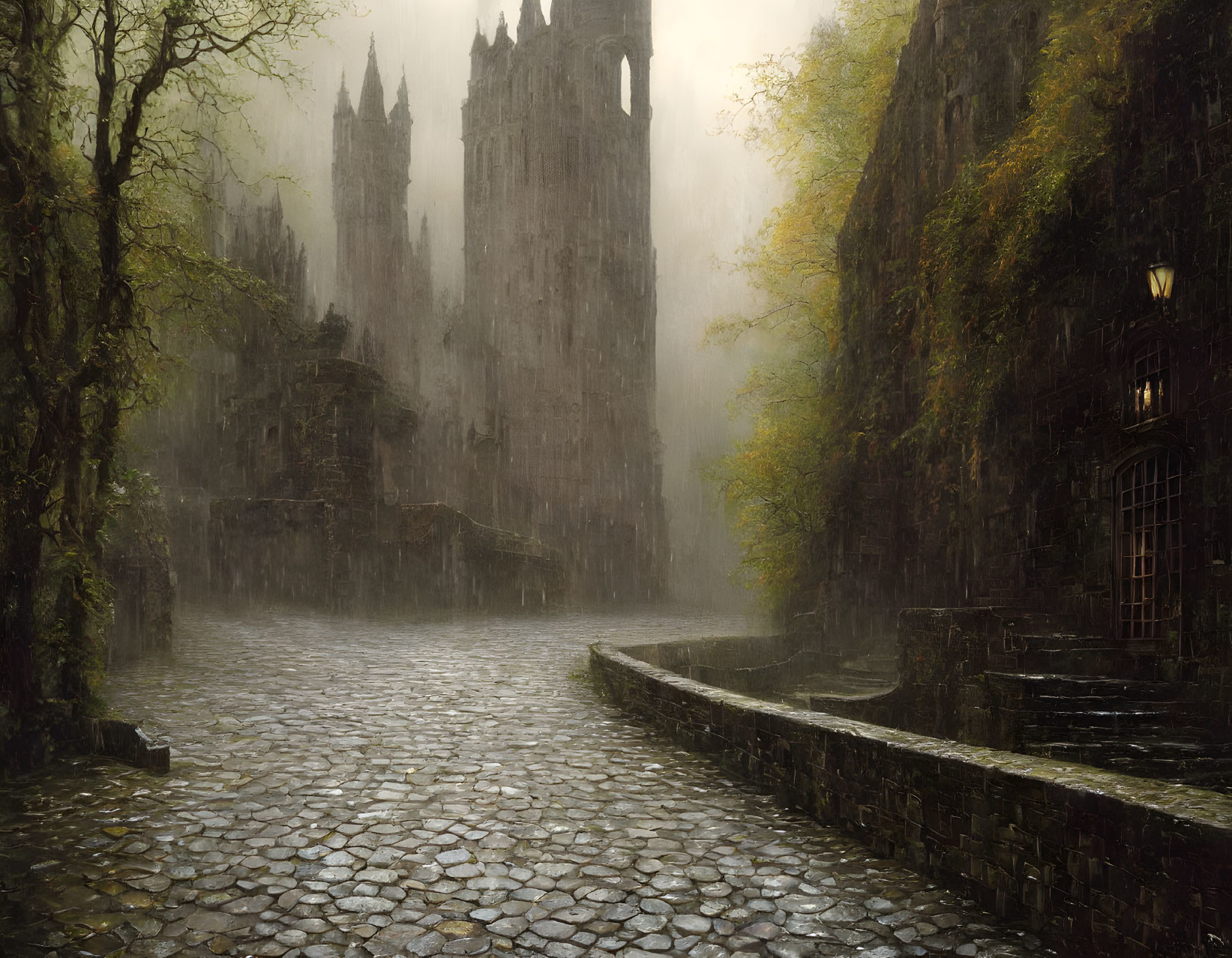 Misty cobblestone street with gothic cathedral and lampposts