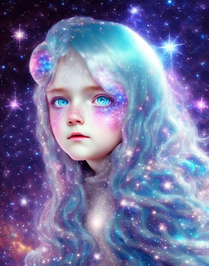 Young girl with blue hair in cosmic setting.