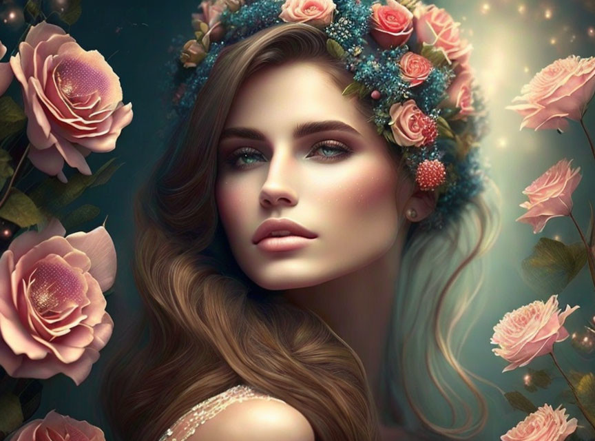 Digital illustration of woman with floral hair adornments and roses in dreamy setting.