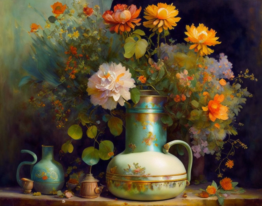 Colorful Still Life Painting with Flowers, Jug, Vase, and Bowl