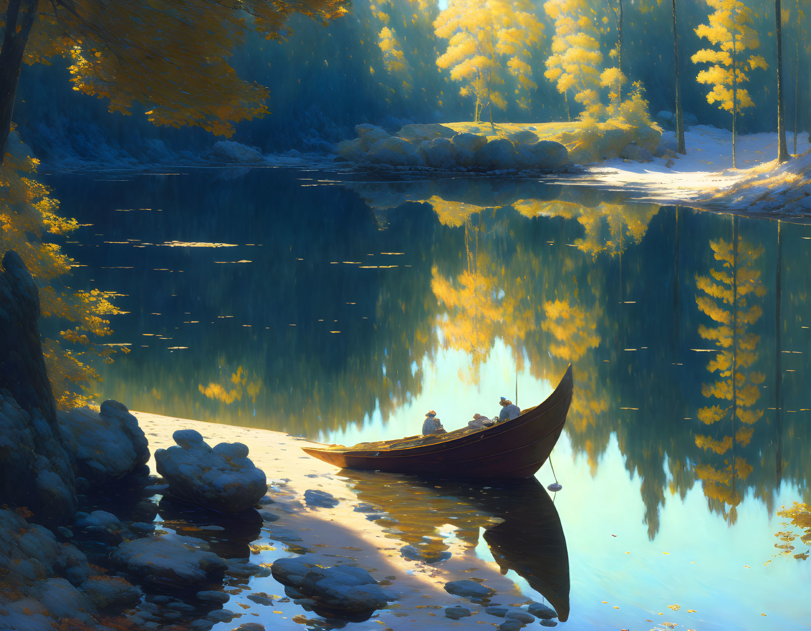 Tranquil autumn lake landscape with golden trees and boat