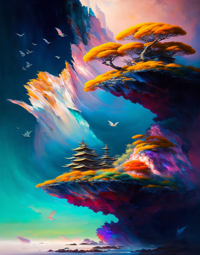 Colorful Rock Formations and Pine Trees in Fantastical Floating Landscape