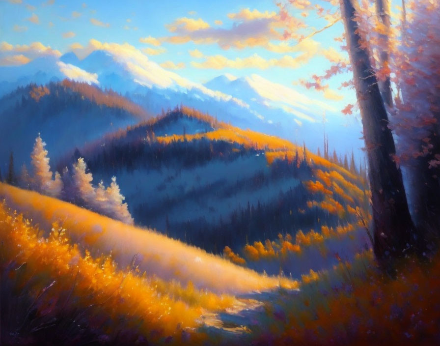 Colorful Autumn Mountain Landscape Painting with Clear Sky