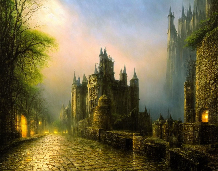 Gothic castle in misty twilight with cobblestone path, trees, and lantern light