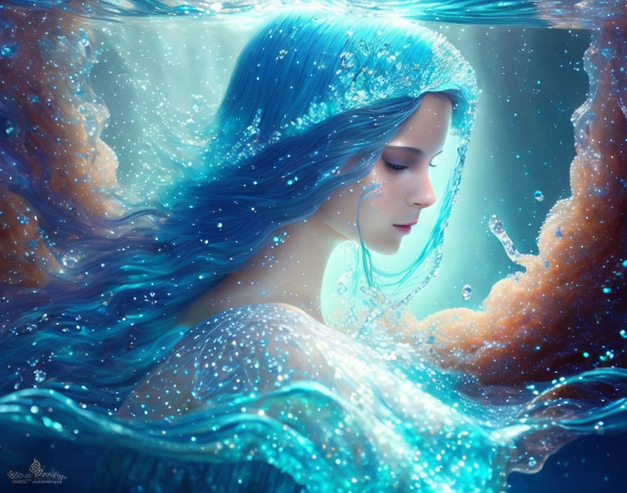 Fantasy image: Woman with flowing blue hair submerged in mystical water.