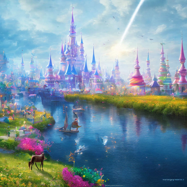 Majestic castle, river, horse, comet in fantasy landscape