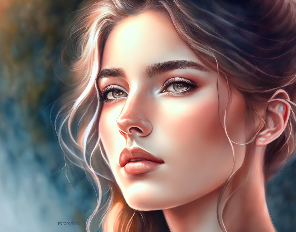 Detailed digital portrait of young woman with flowing hair and soft lips against dreamy backdrop