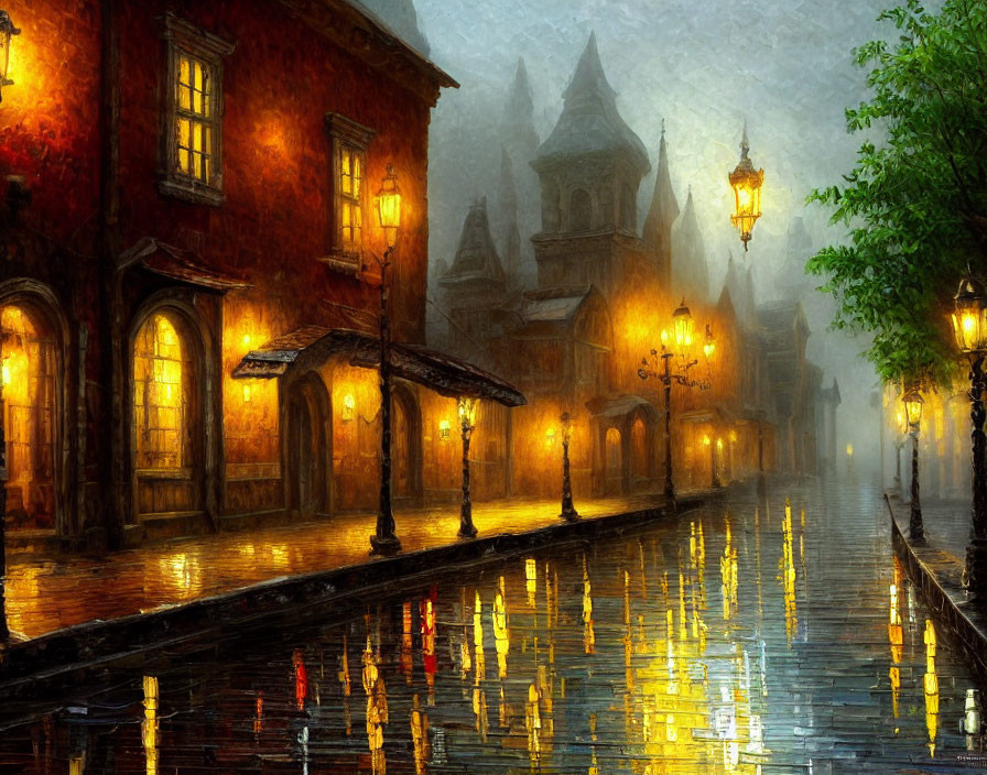 Rainy Night Street Scene: Glowing Lanterns, Wet Cobblestones, Misty Historical Buildings