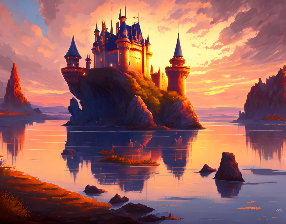 Majestic castle on cliff reflecting in vibrant sunset