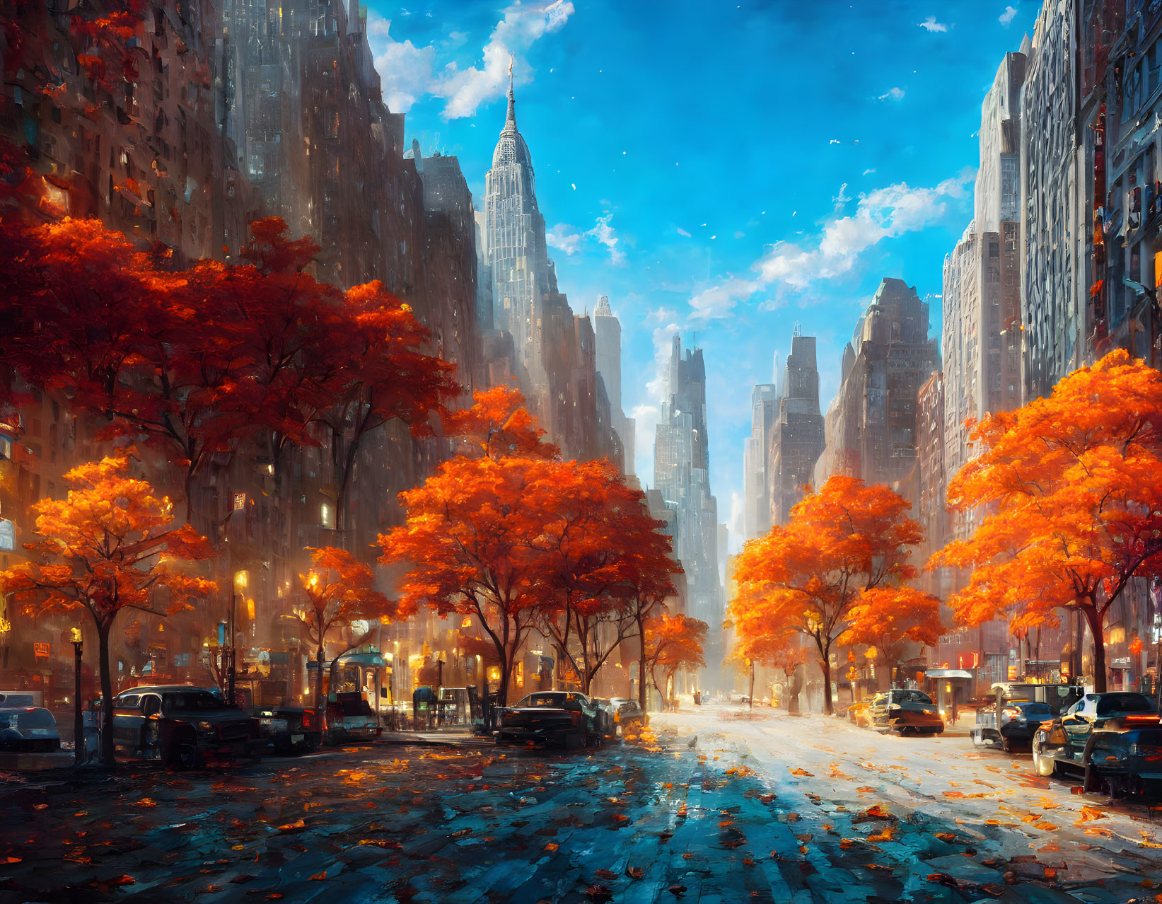 Vibrant cityscape with orange foliage and towering buildings