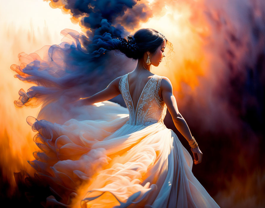 Woman in Flowing Dress Against Fiery Background