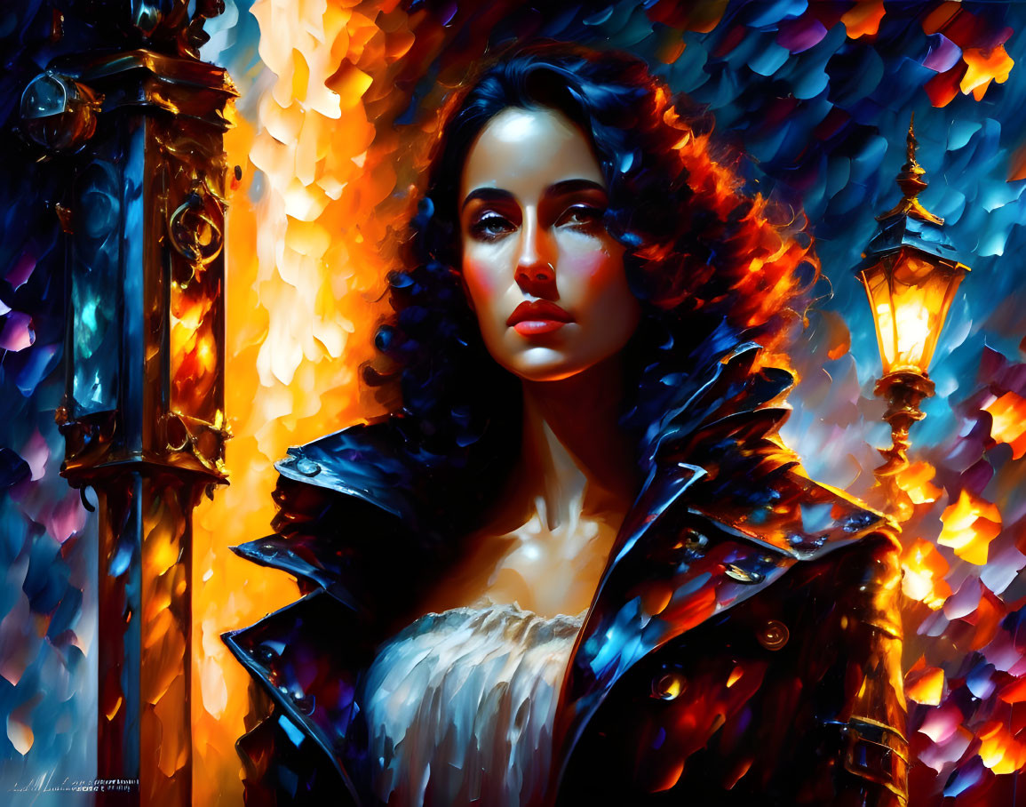 Dark-haired woman in coat by glowing street lamps in colorful setting