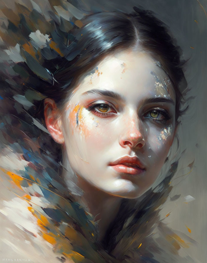 Ethereal young woman painting with delicate colors and foliage