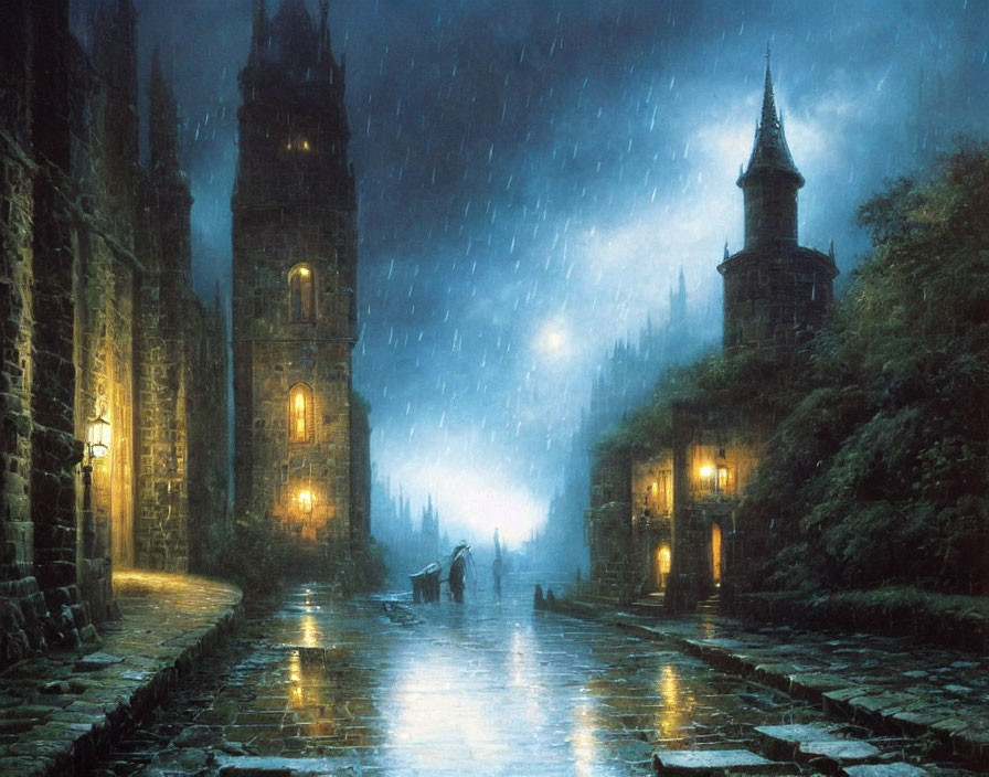 Nighttime cobblestone street with yellow lights, rain, and silhouettes of two people under