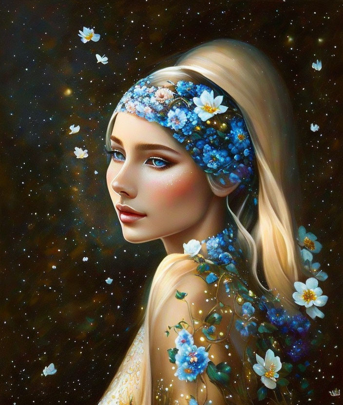 Digital painting of woman with floral adornments in hair, cosmic background