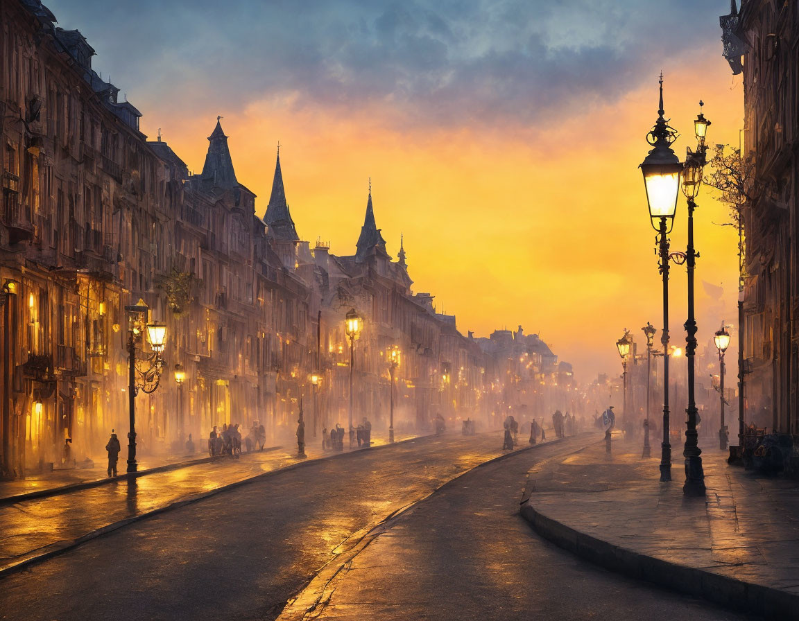 Historical city street at sunset with vintage lamps and silhouettes.