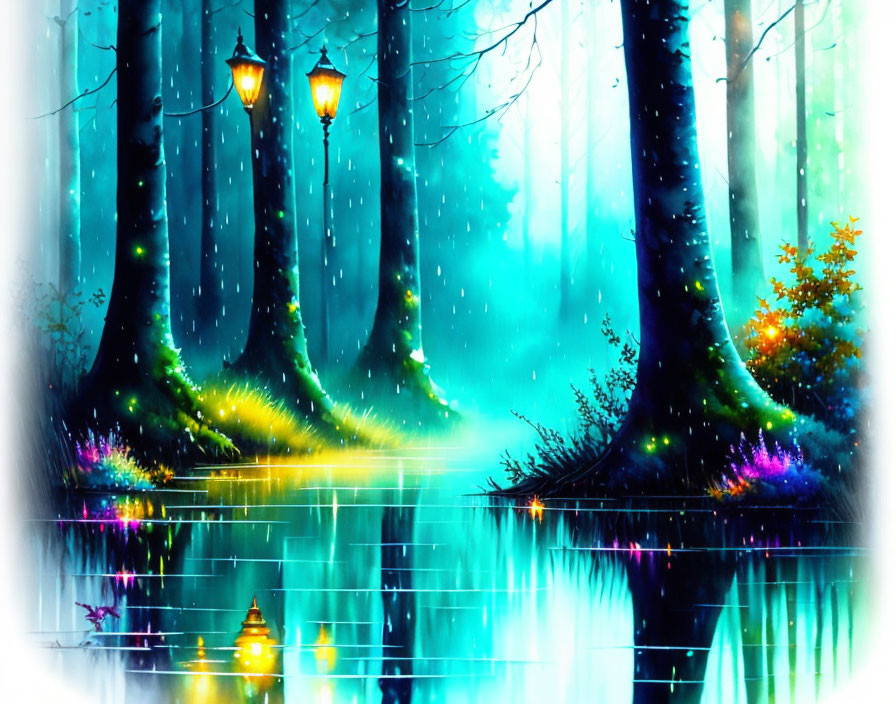 Enchanted forest with glowing lanterns by serene blue water