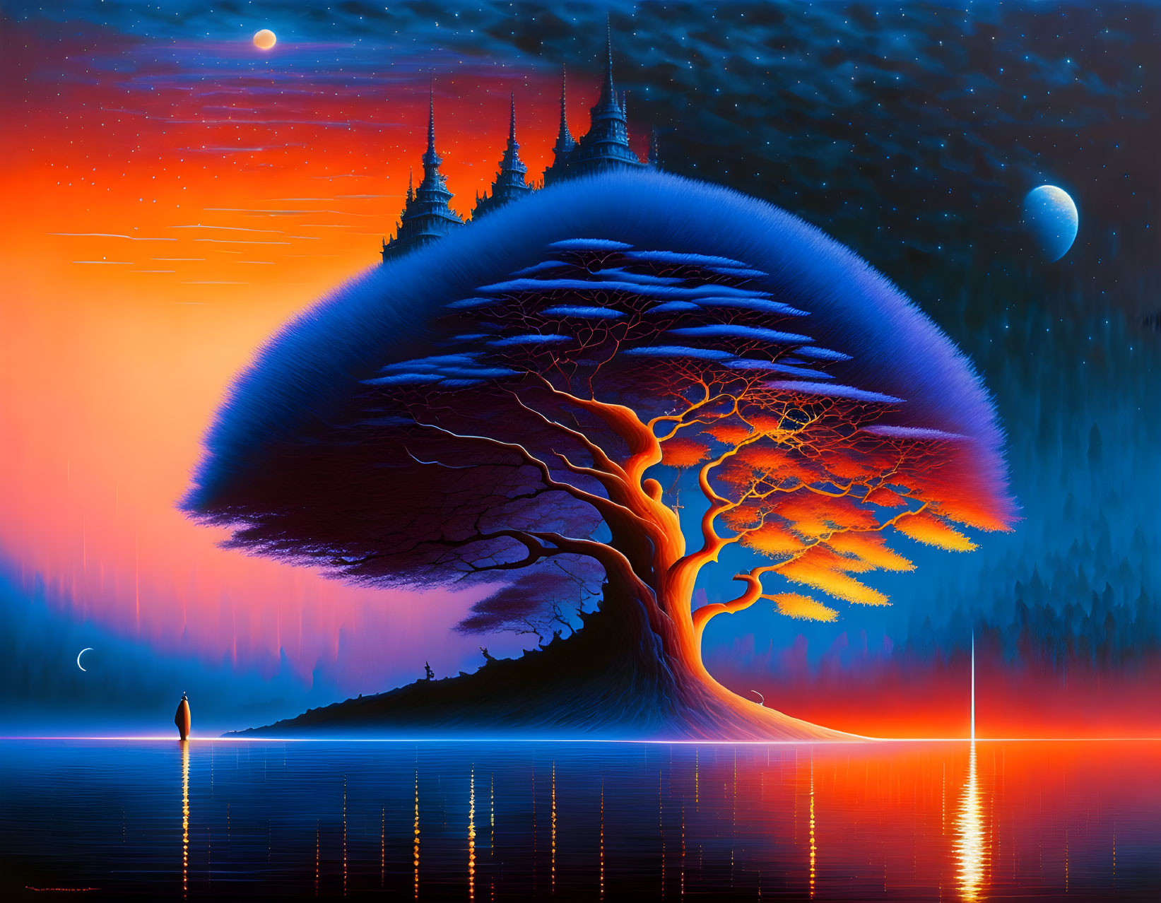 Digital artwork: Massive tree with castle structures in surreal sunset over calm water, celestial bodies in sky