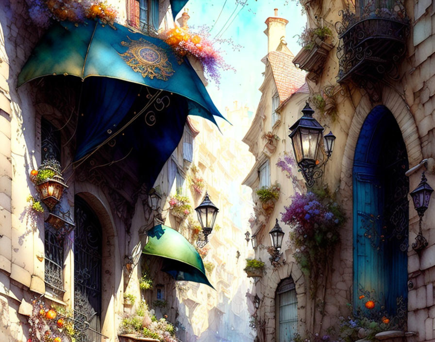 Fantasy cobblestone alley with lanterns, baskets, and blue umbrellas