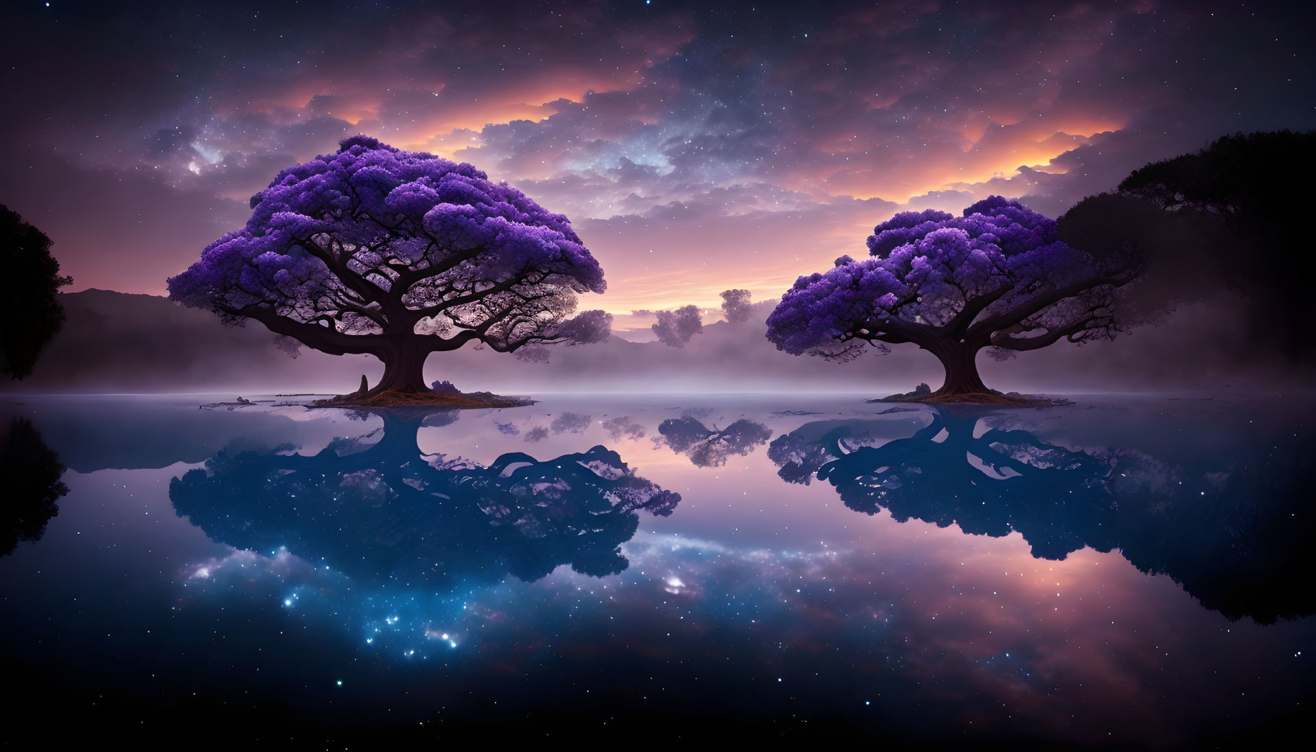 Vibrant purple trees by tranquil lakeshore under starry twilight sky