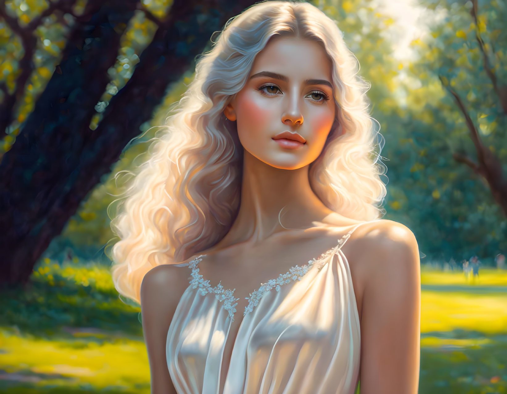 Digital portrait of woman with long blonde hair in sunlit park wearing flowing dress.