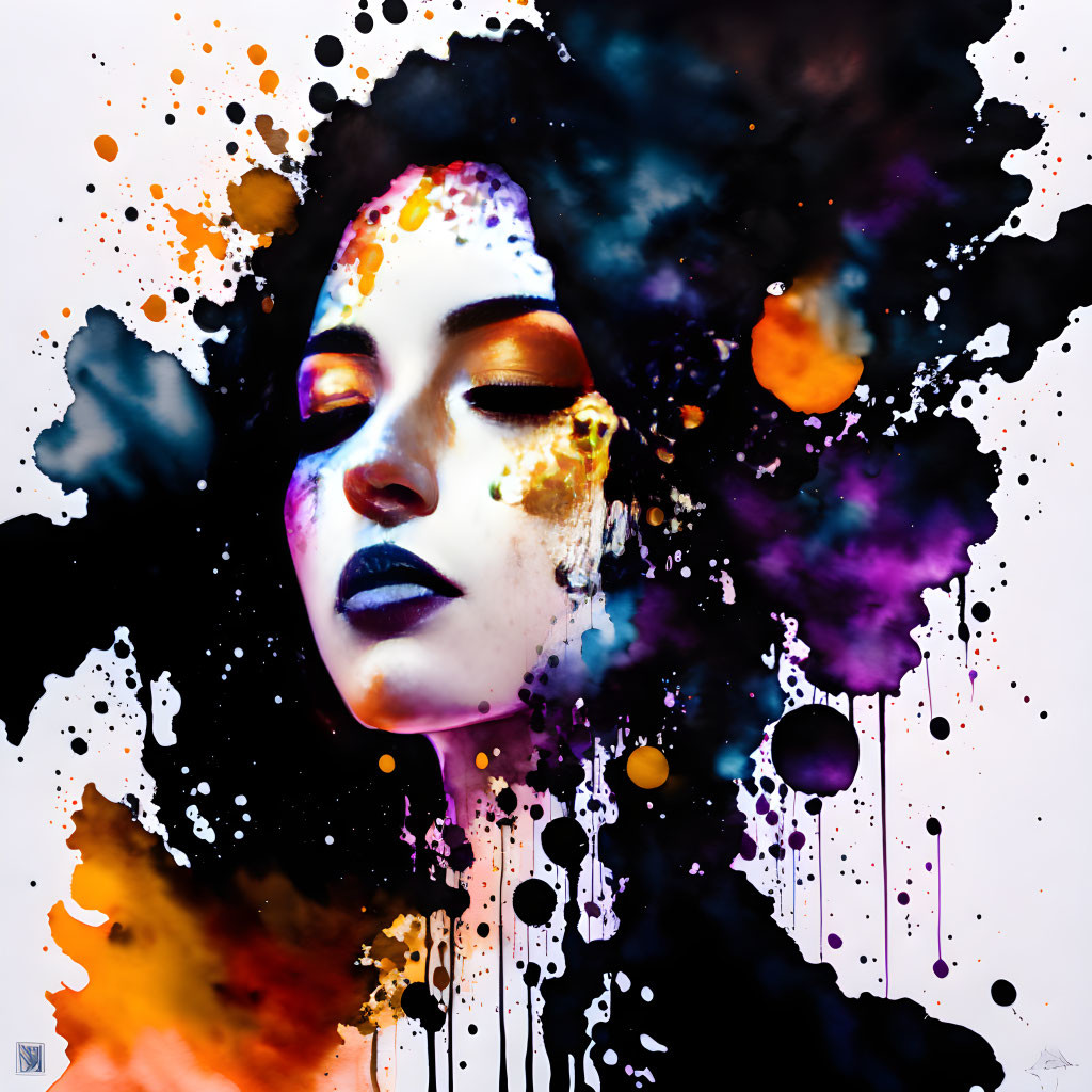 Colorful woman's face art with ink splatters creates surreal effect