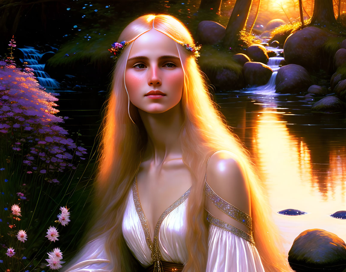 Blonde woman with floral crown by forest stream at sunset