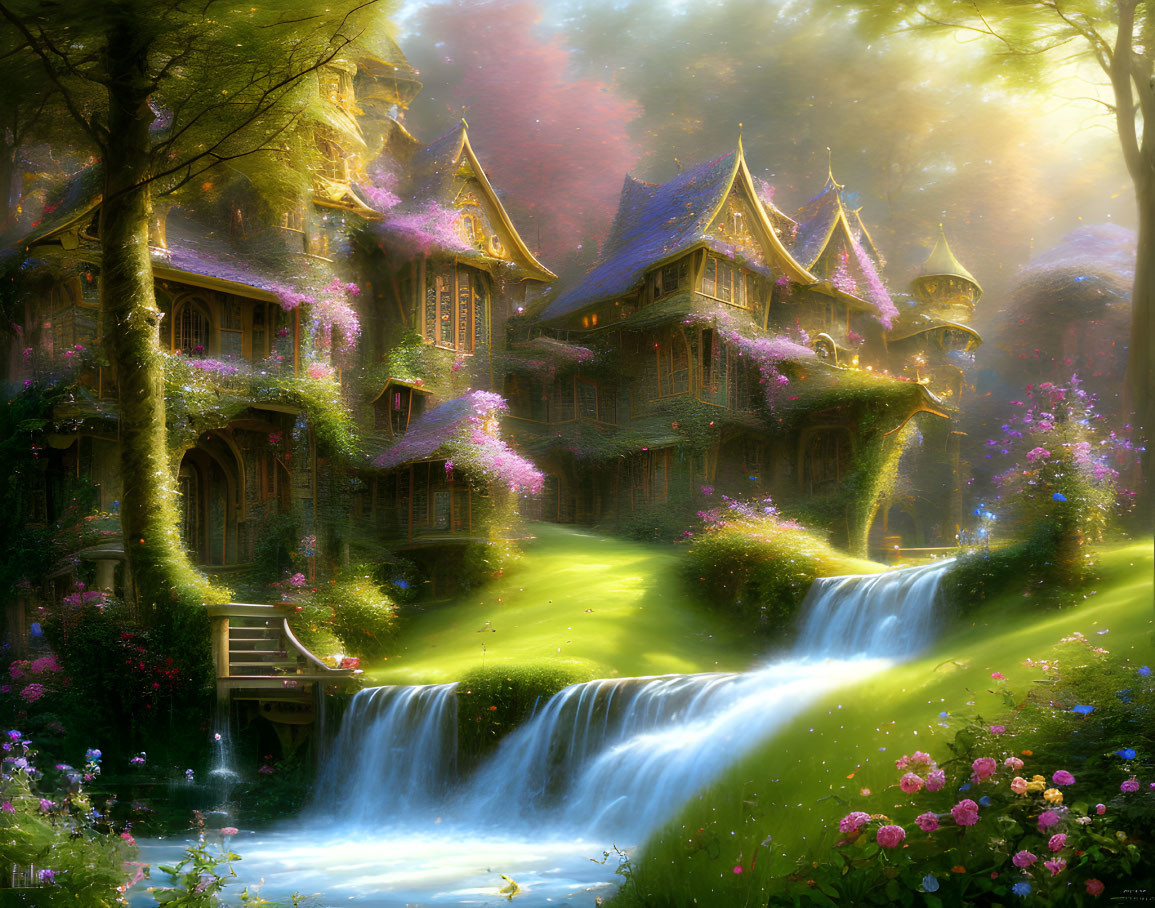 Enchanting fantasy house with turrets in luminous forest.