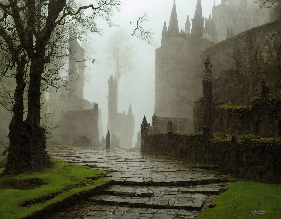 Misty Path to Gothic Castle in Foggy Forest