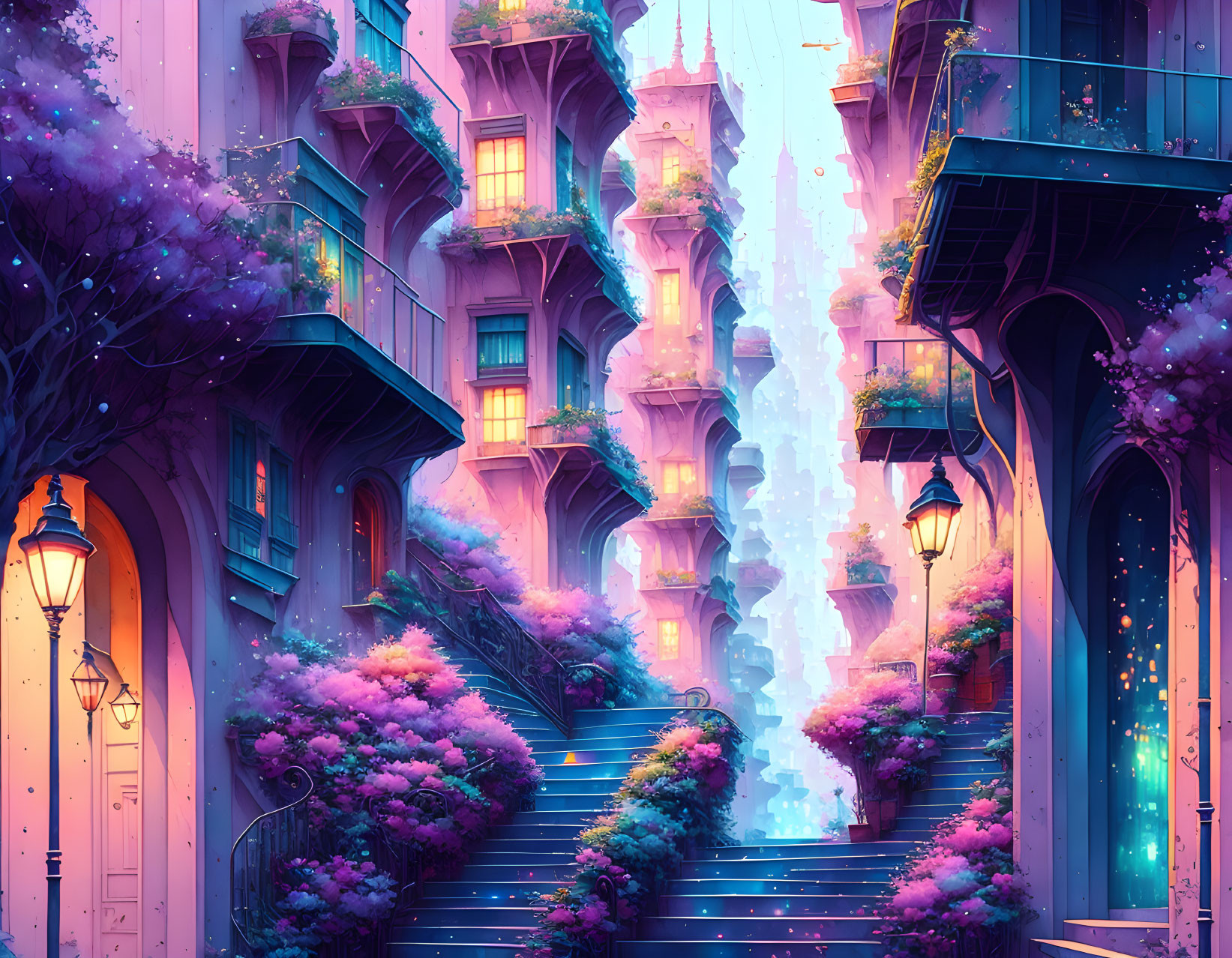 Colorful digital illustration of whimsical street with glowing lanterns and cascading waterfall