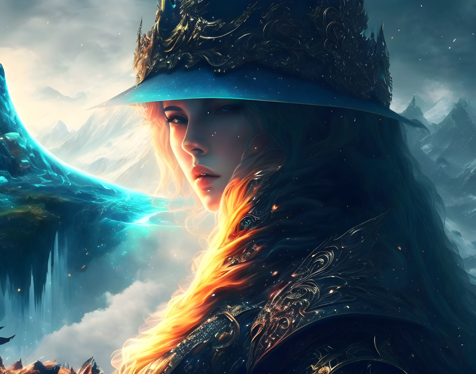 Mystical female figure in ornate armor with blue aura against icy mountain landscape