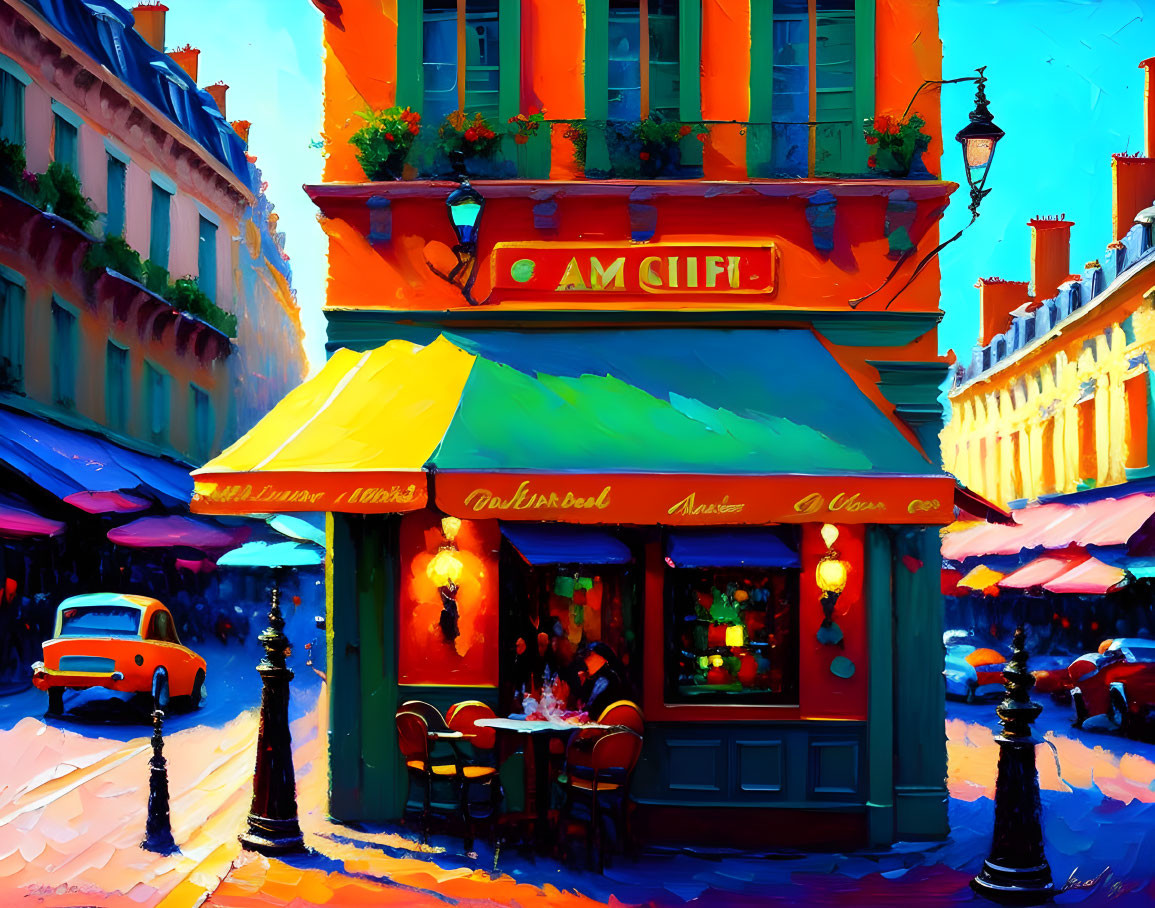 Colorful Parisian Street Scene with Cafe, Classic Car, and Blue Sky