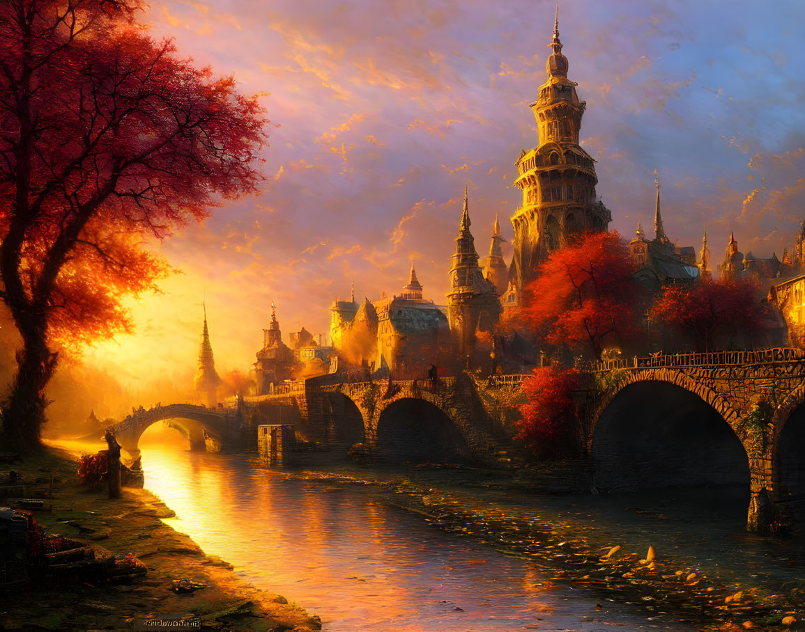 Majestic castle, stone bridge, autumn trees in vibrant fantasy landscape