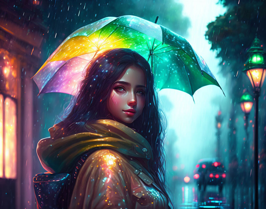 Colorful umbrella woman in rainy street with lanterns & traffic lights