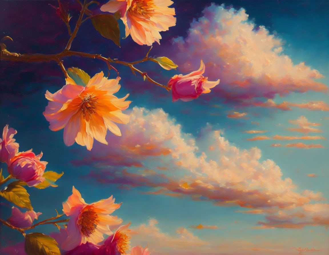 Pink Flowers in Serene Sunset Sky