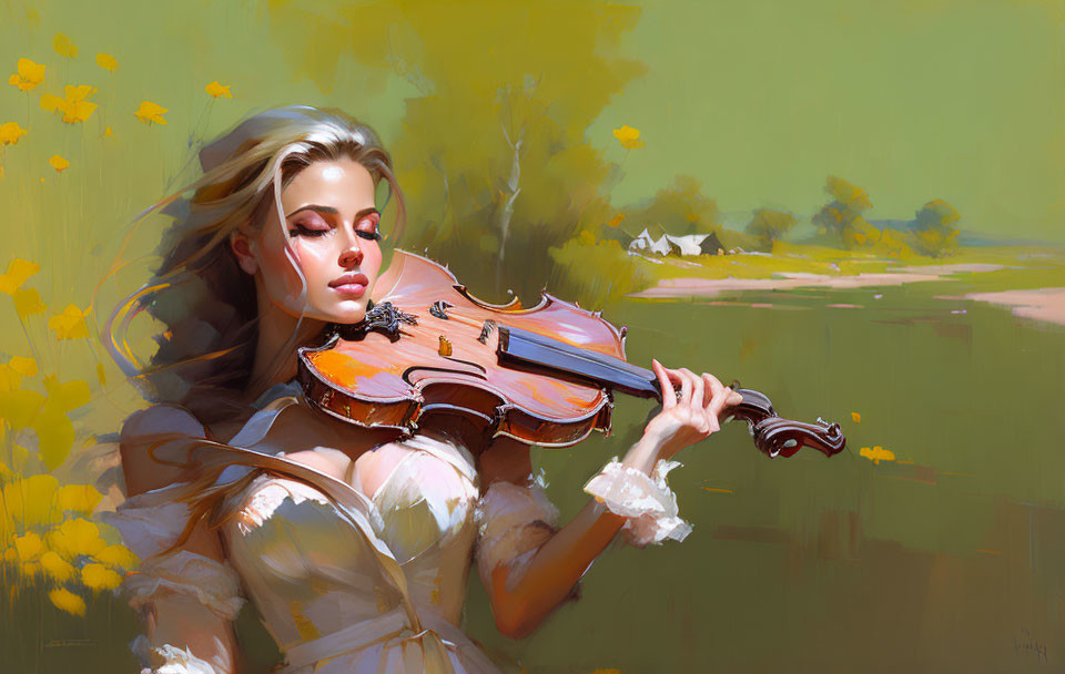 Blonde woman in white dress plays violin in sunlit field