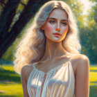 Digital portrait of woman with long blonde hair in sunlit park wearing flowing dress.